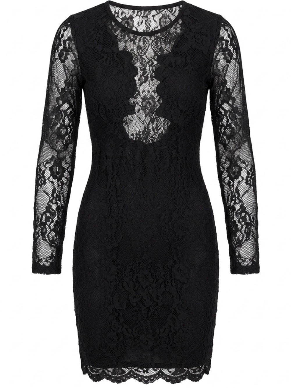Black Lace Long-Sleeve Sheer Panel Midi Dress